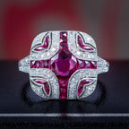 Art Deco Style Ruby Diamond Cluster Cocktail Ring 1.55ct Ruby 