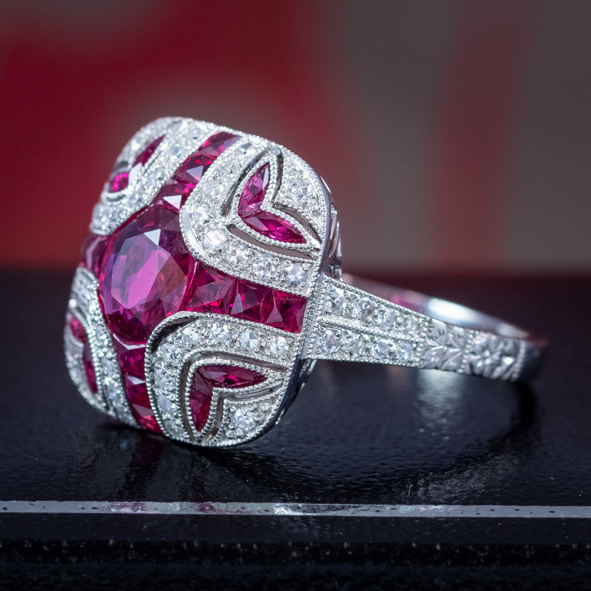 Art Deco Style Ruby Diamond Cluster Cocktail Ring 1.55ct Ruby 