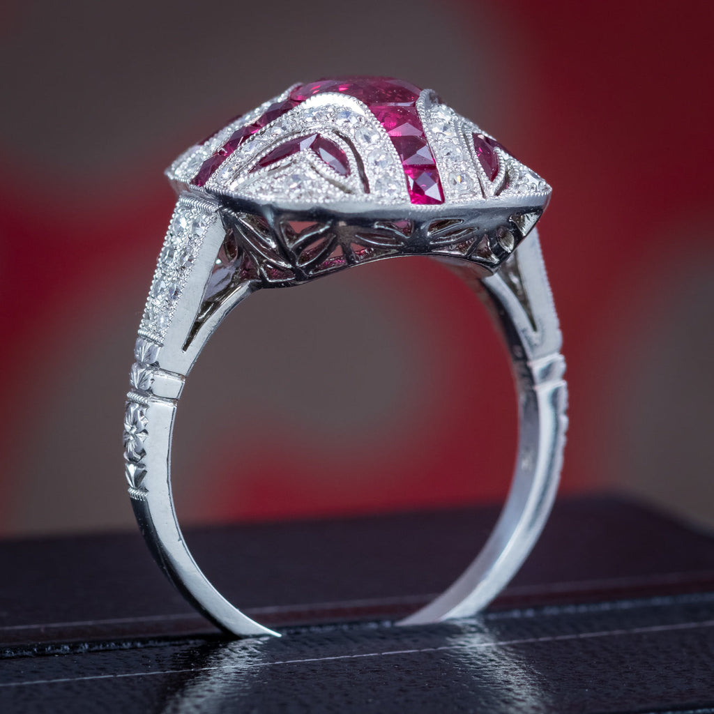 Art Deco Style Ruby Diamond Cluster Cocktail Ring 1.55ct Ruby 