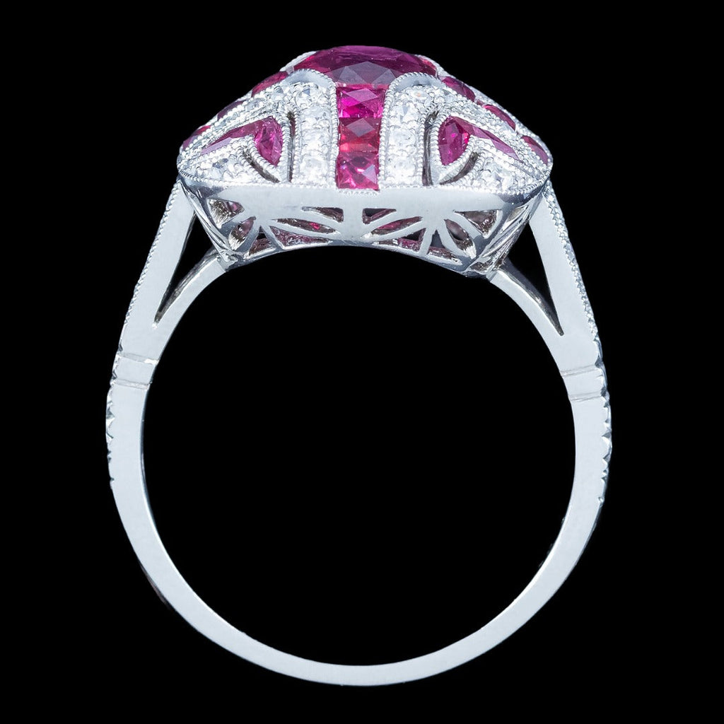 Art Deco Style Ruby Diamond Cluster Cocktail Ring 1.55ct Ruby 