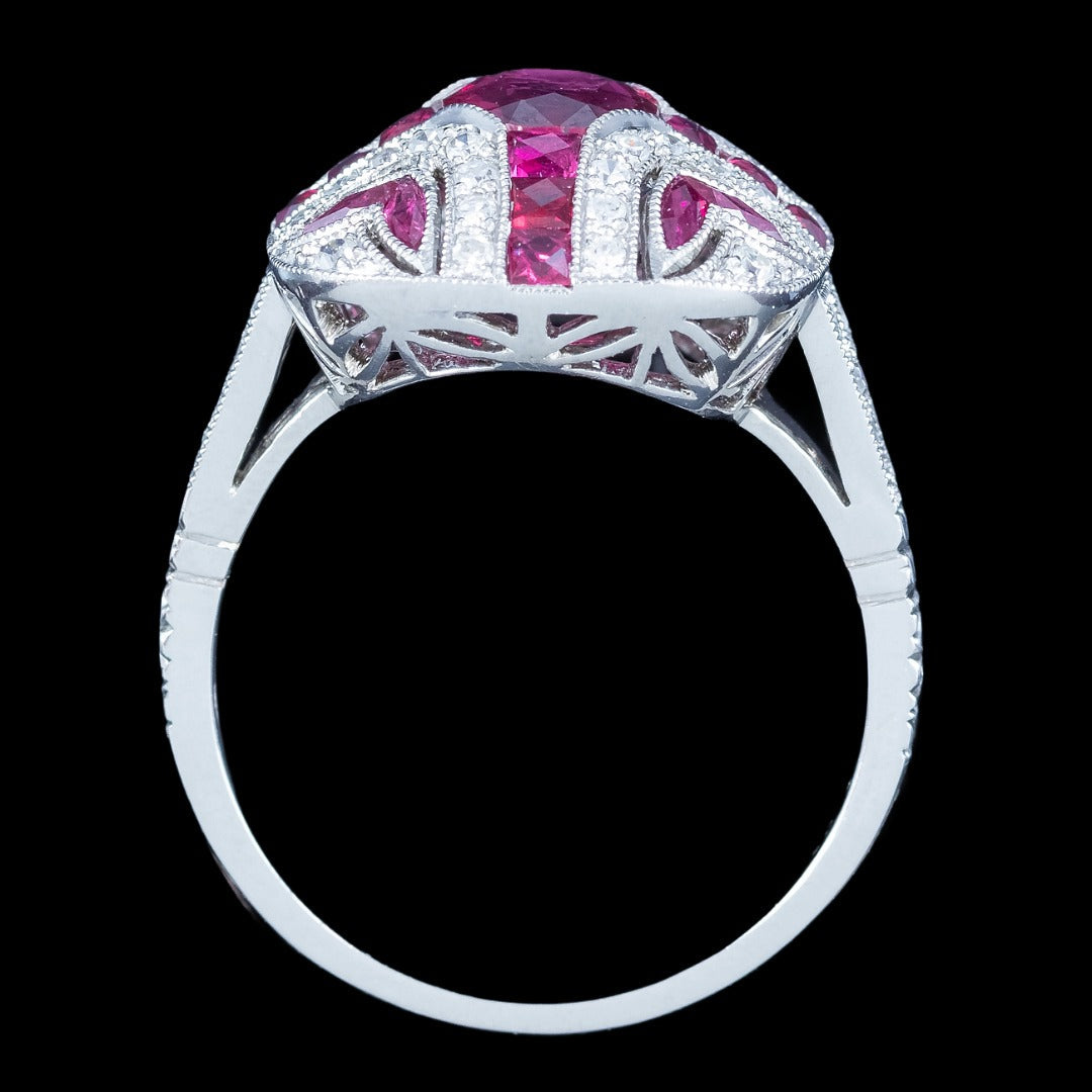 Art Deco Style Ruby Diamond Cluster Cocktail Ring 1.55ct Ruby 