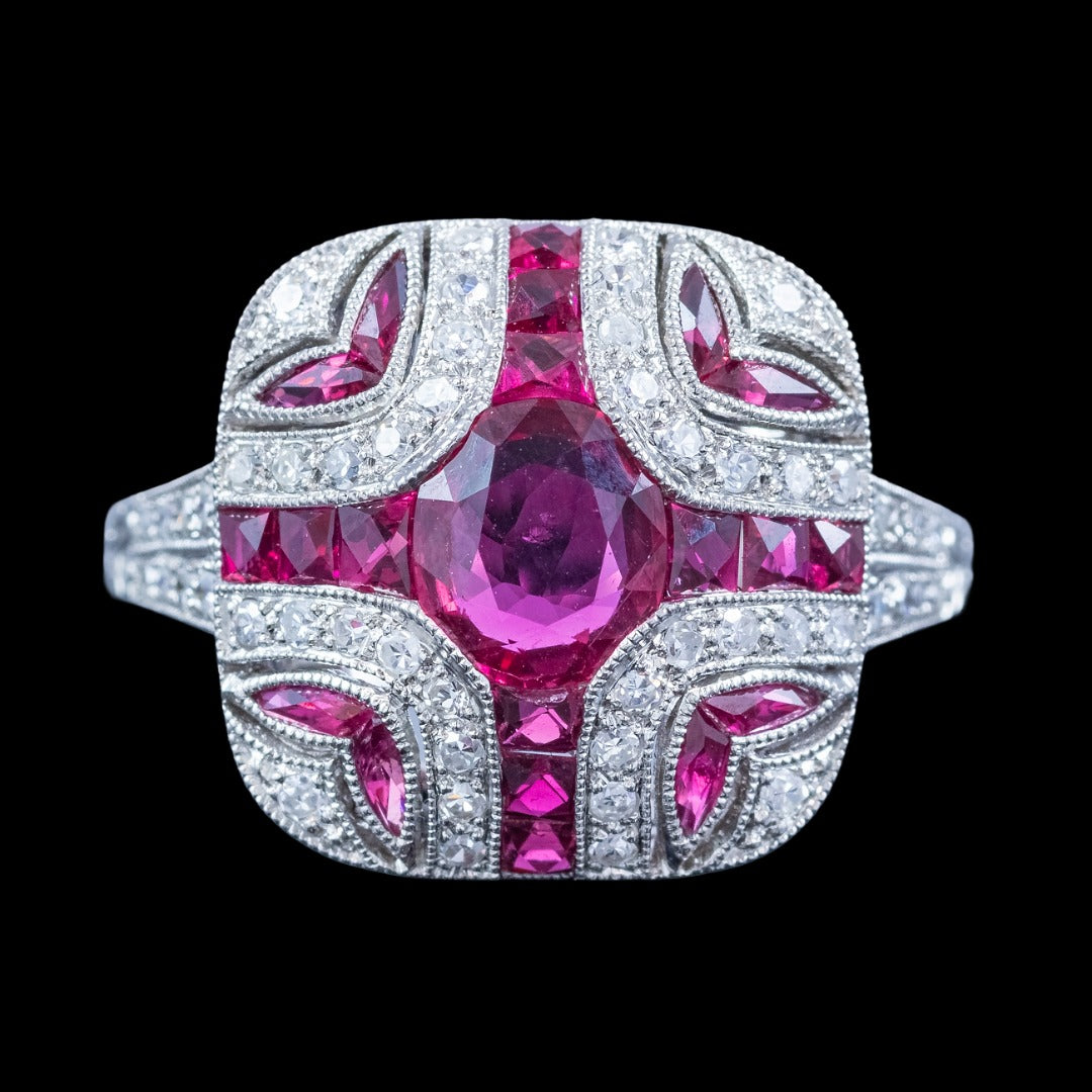 Art Deco Style Ruby Diamond Cluster Cocktail Ring 1.55ct Ruby 