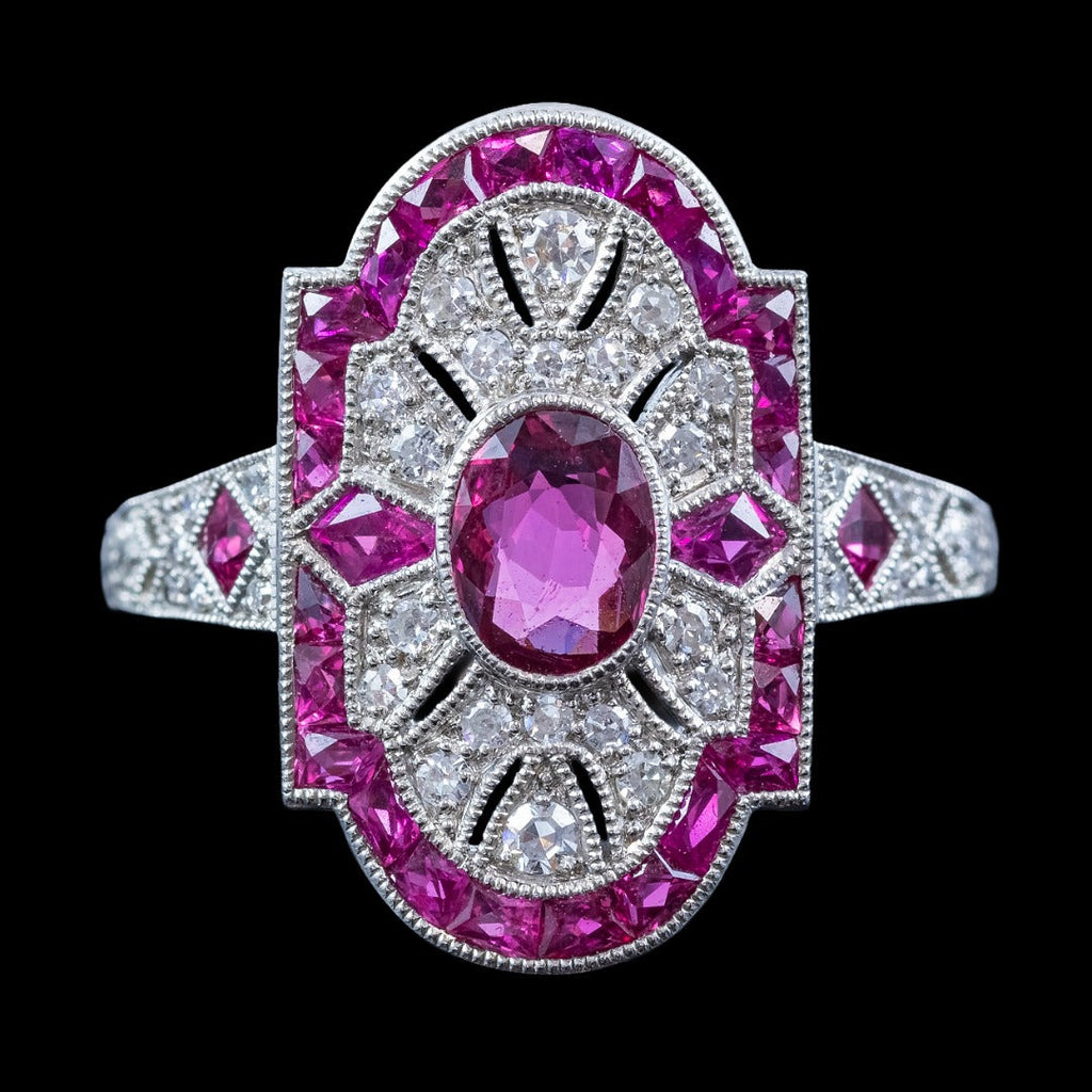 Art Deco Style Ruby Diamond Cluster Ring 1.34ct Of Ruby 