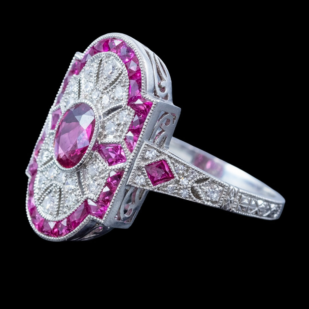 Art Deco Style Ruby Diamond Cluster Ring 1.34ct Of Ruby 