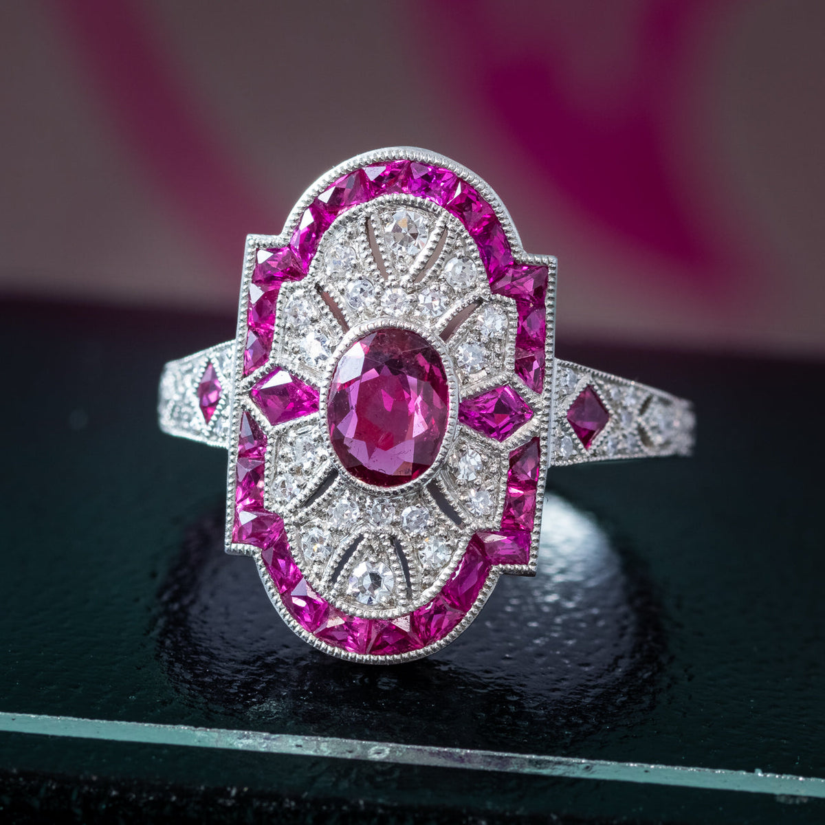 Art Deco Style Ruby Diamond Cluster Ring 1.34ct Of Ruby 
