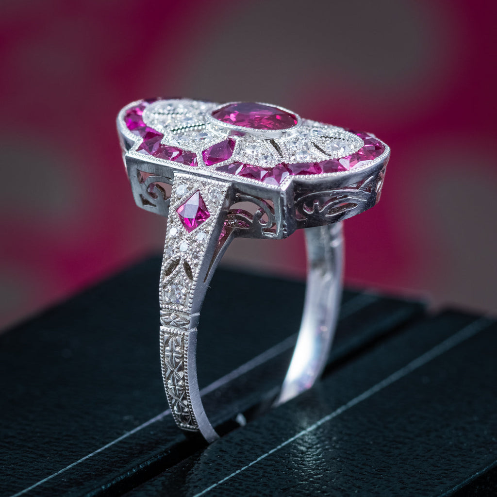 Art Deco Style Ruby Diamond Cluster Ring 1.34ct Of Ruby 