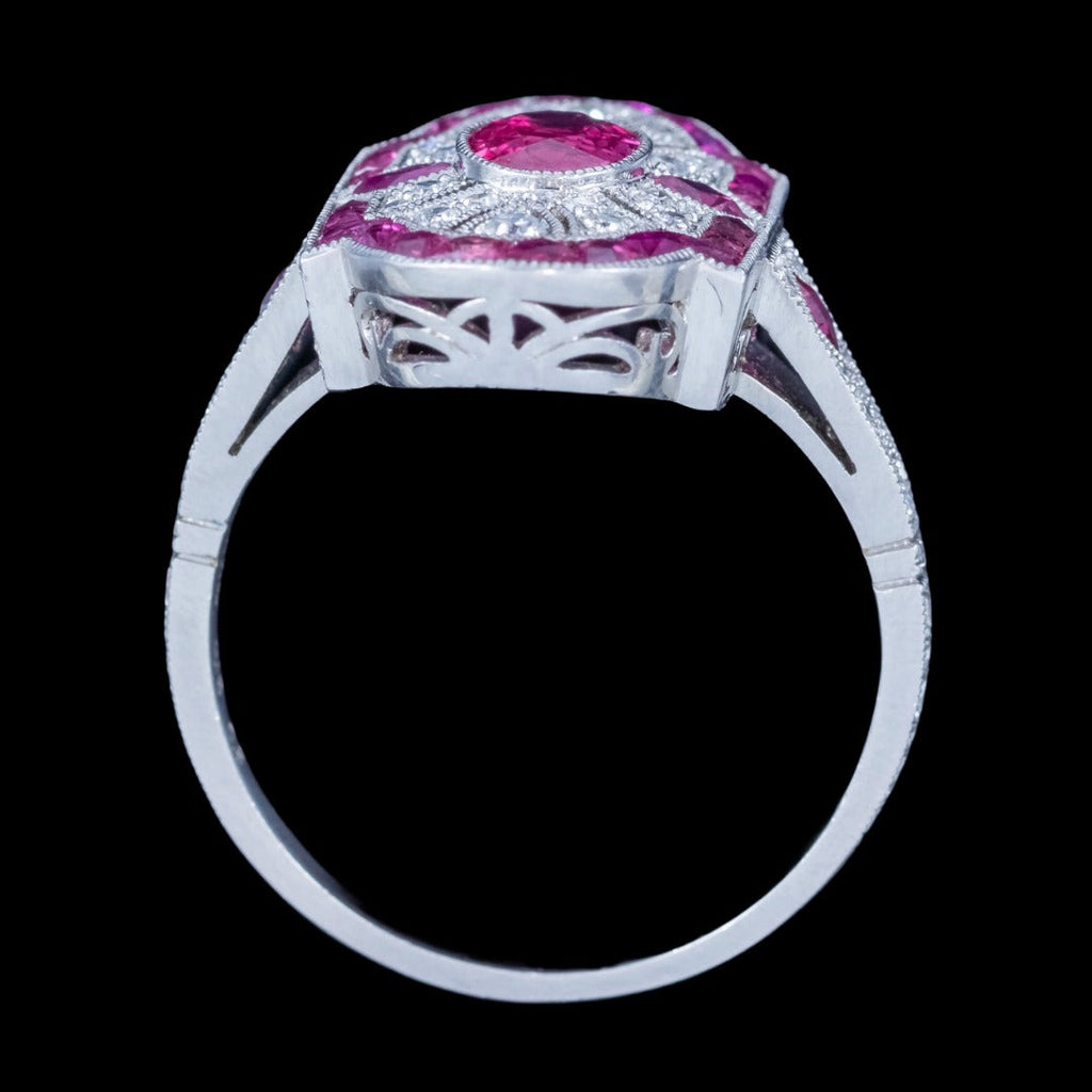 Art Deco Style Ruby Diamond Cluster Ring 1.34ct Of Ruby 