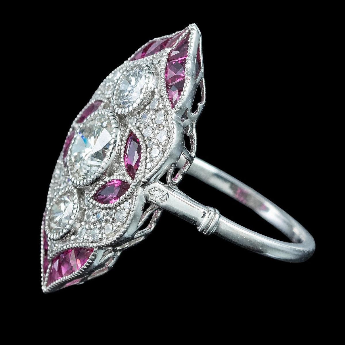 Art Deco Style Ruby Diamond Navette Cluster Ring 1.32ct Diamond 
