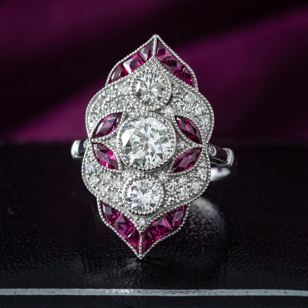 Art Deco Style Ruby Diamond Navette Cluster Ring 1.32ct Diamond 
