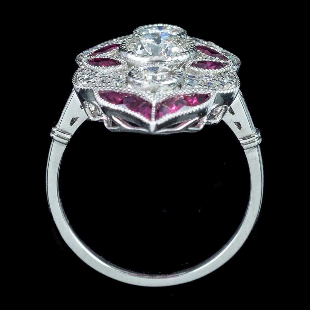 Art Deco Style Ruby Diamond Navette Cluster Ring 1.32ct Diamond 