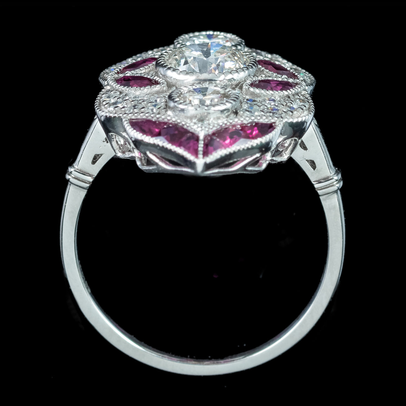 Art Deco Style Ruby Diamond Navette Cluster Ring 1.32ct Diamond 
