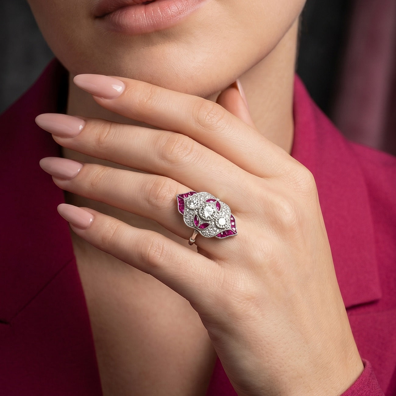 Art Deco Style Ruby Diamond Navette Cluster Ring 1.32ct Diamond Secondary image