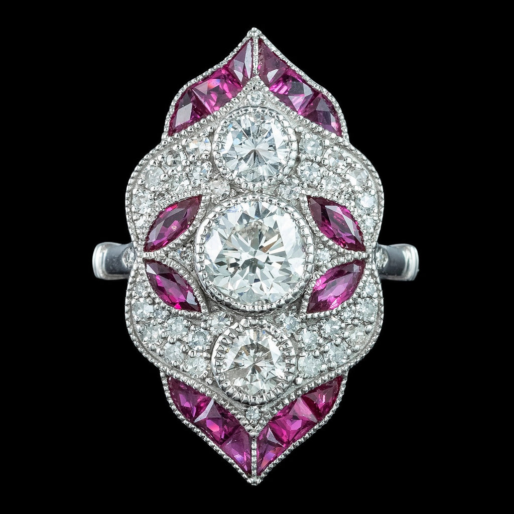 Art Deco Style Ruby Diamond Navette Cluster Ring 1.32ct Diamond 