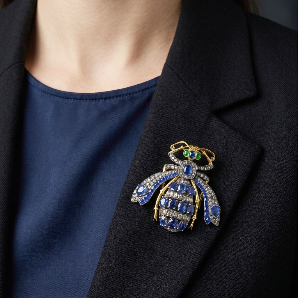 Edwardian Style Sapphire Diamond Bee Brooch 5.2ct Of Sapphire