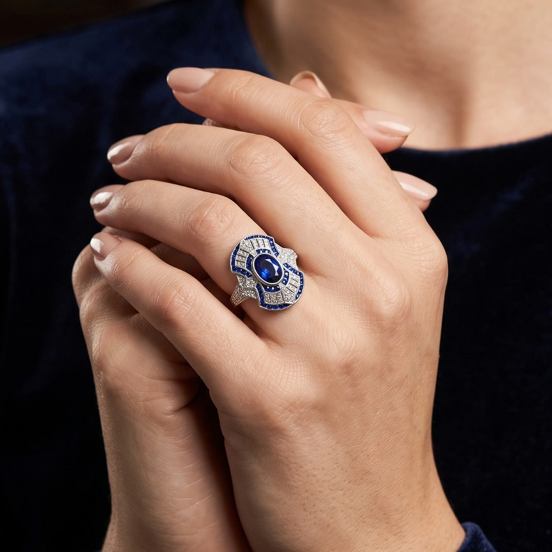 Art Deco Style Sapphire Diamond Cluster Cocktail Ring 2.16 Blue Sapphire Secondary image