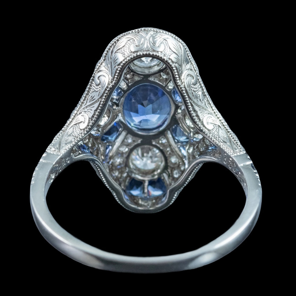 Art Deco Style Sapphire Diamond Cluster Ring 1.38ct Sapphire With Cert 