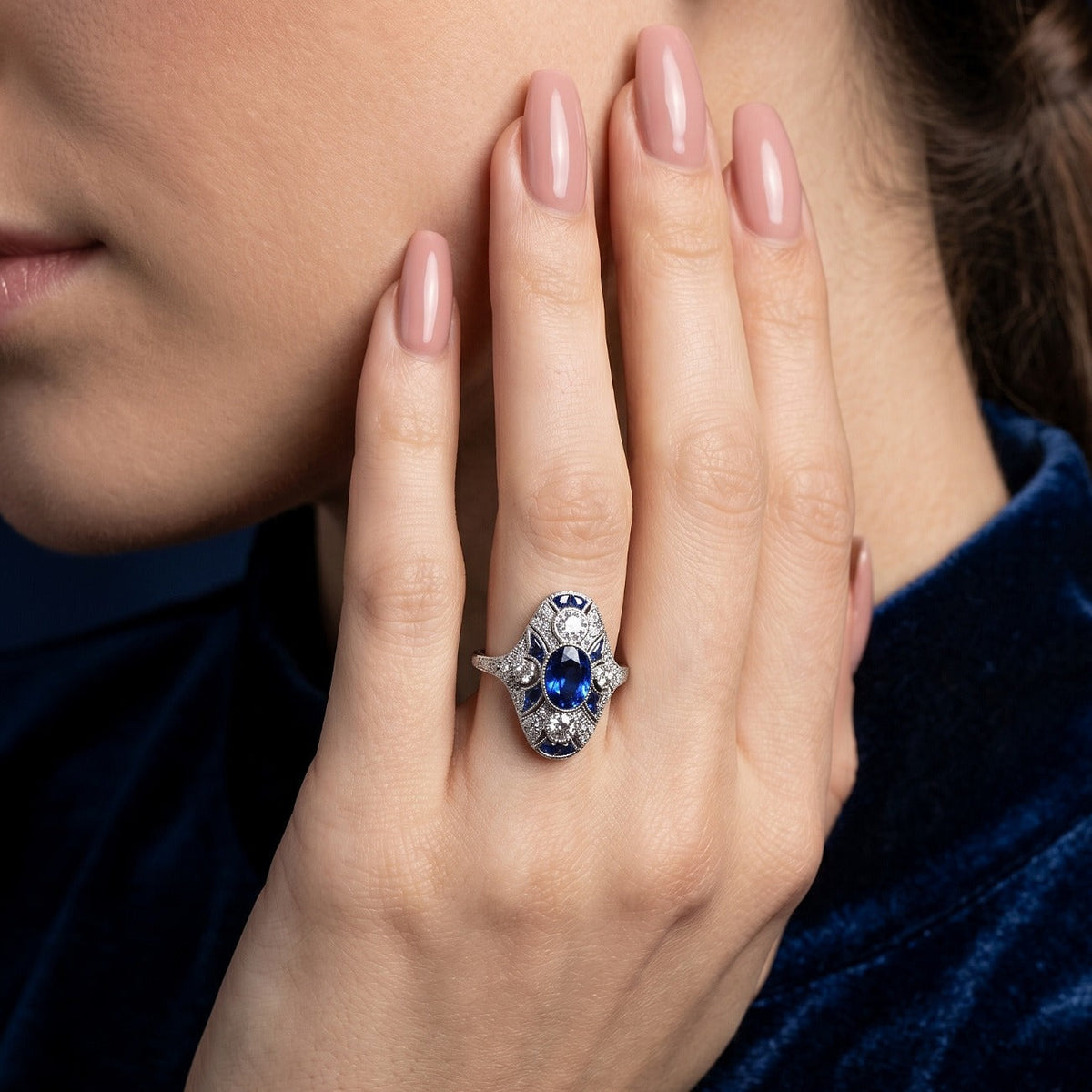 Art Deco Style Sapphire Diamond Cluster Ring 1.38ct Sapphire With Cert 