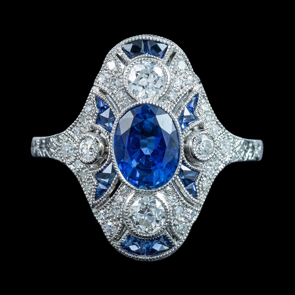 Art Deco Style Sapphire Diamond Cluster Ring 1.38ct Sapphire With Cert 