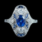 Art Deco Style Sapphire Diamond Cluster Ring 1.38ct Sapphire With Cert 