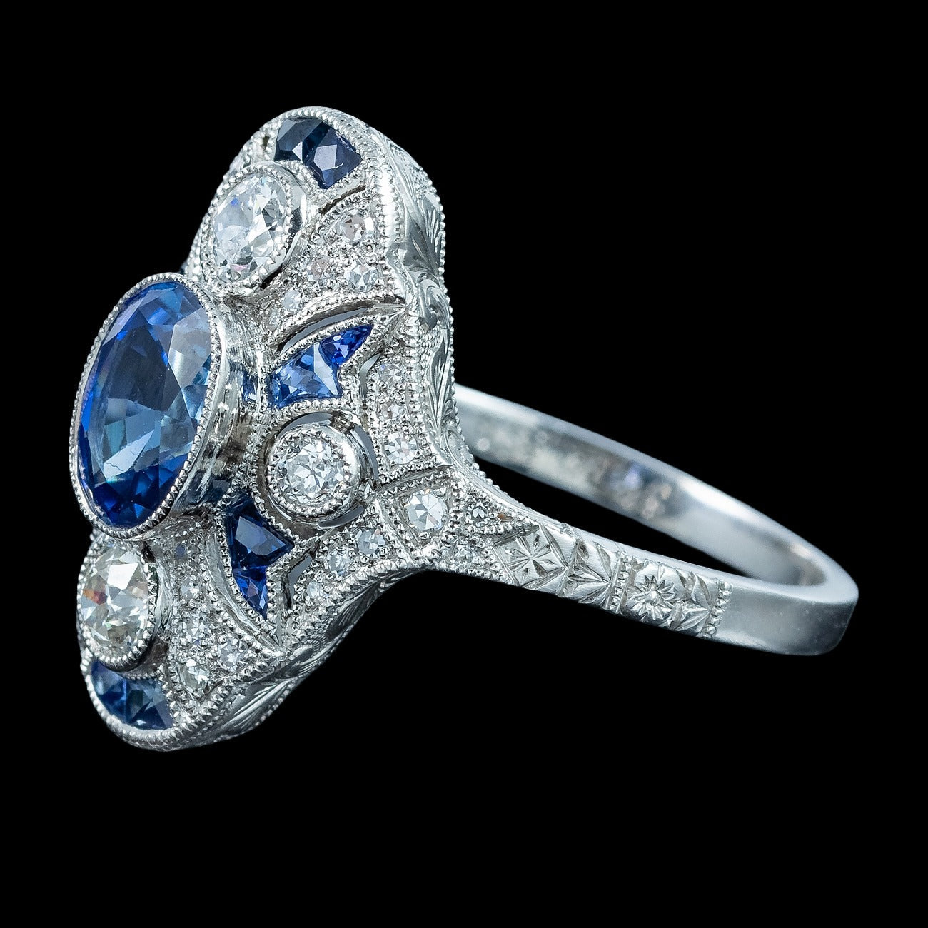 Art Deco Style Sapphire Diamond Cluster Ring 1.38ct Sapphire With Cert 