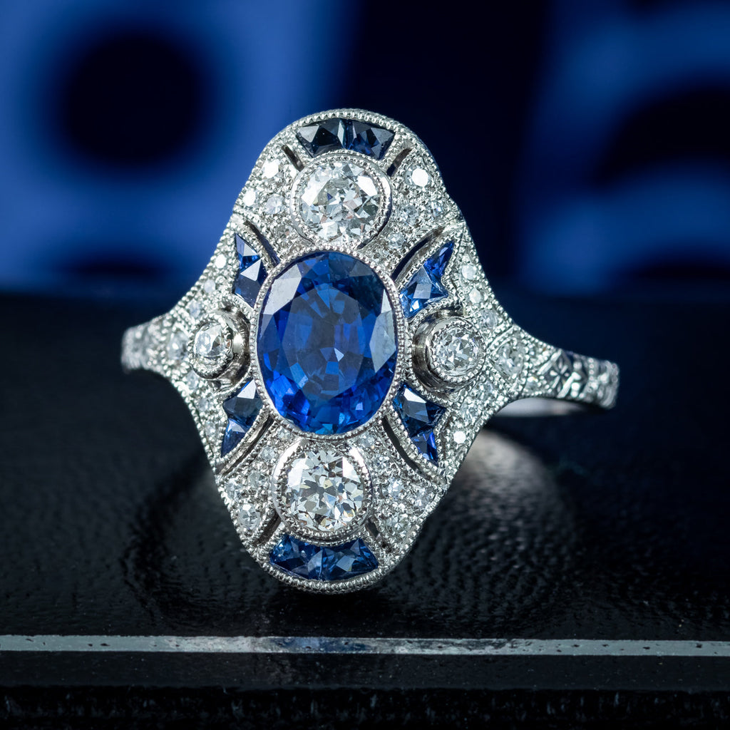 Art Deco Style Sapphire Diamond Cluster Ring 1.38ct Sapphire With Cert 