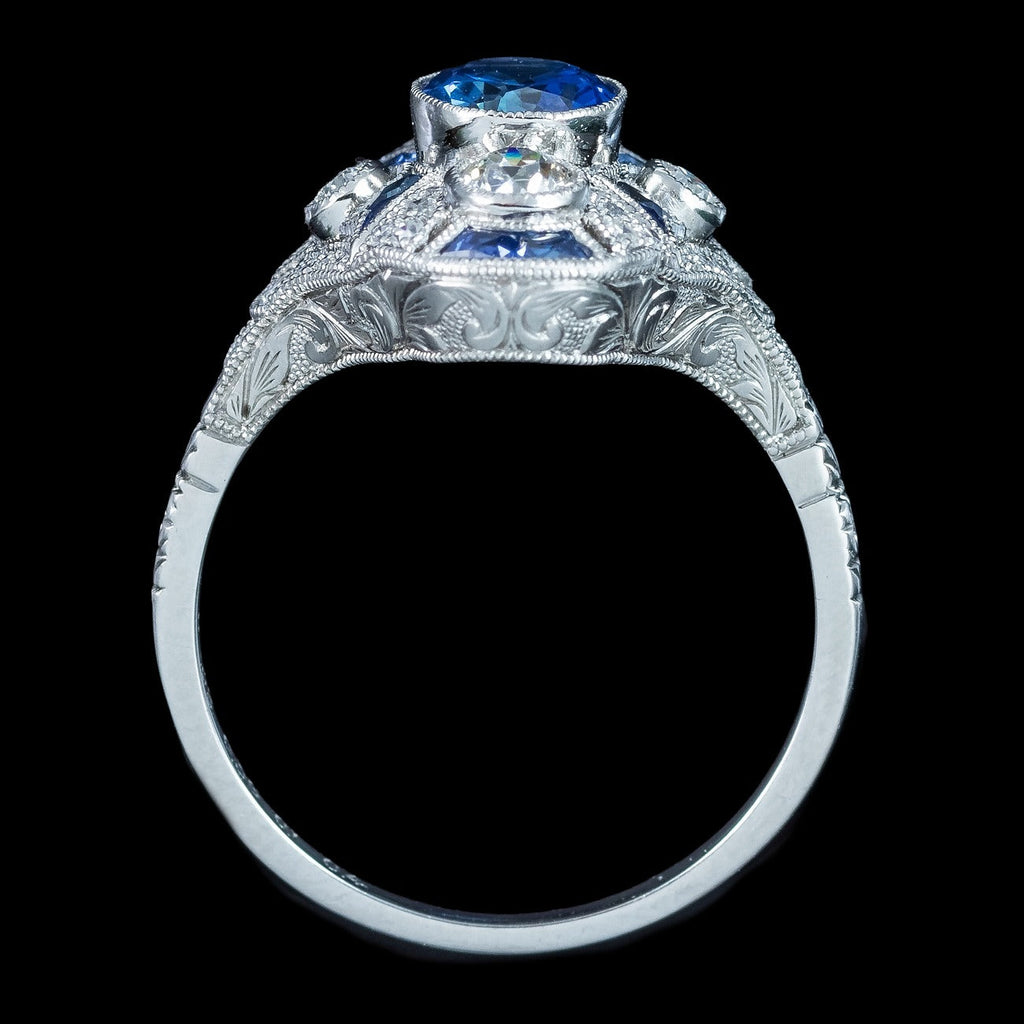 Art Deco Style Sapphire Diamond Cluster Ring 1.38ct Sapphire With Cert 