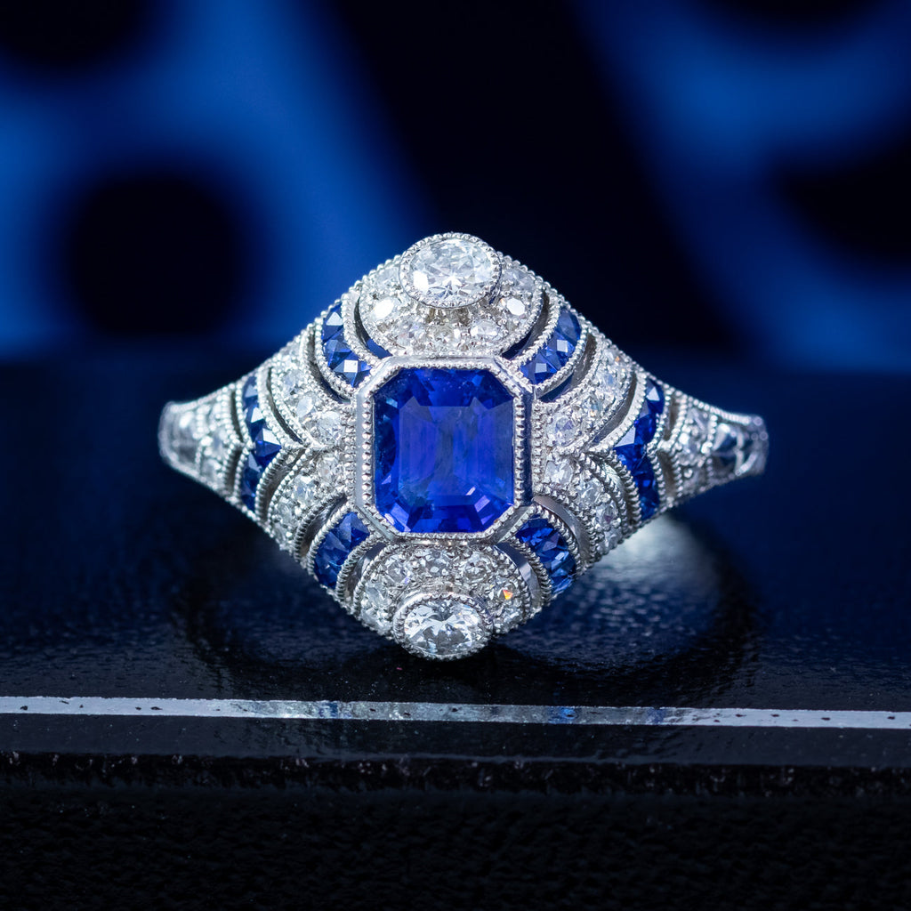 Art Deco Style Sapphire Diamond Cluster Ring 1.03ct Blue Sapphire