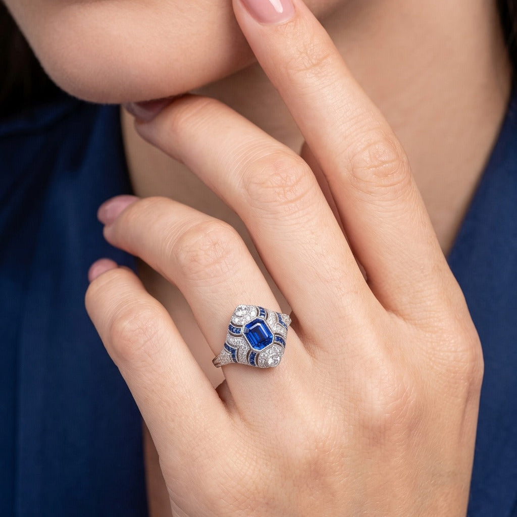 Art Deco Style Sapphire Diamond Cluster Ring 1.03ct Blue Sapphire 