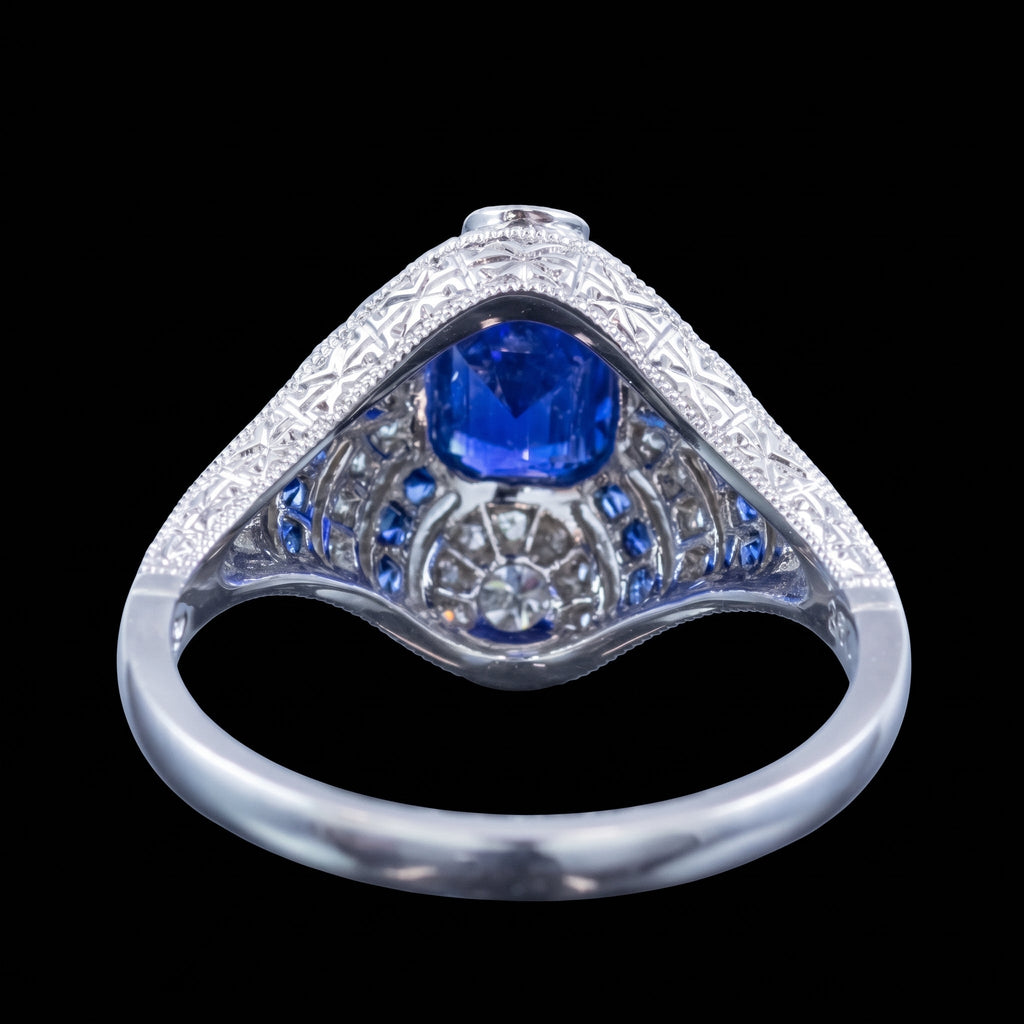Art Deco Style Sapphire Diamond Cluster Ring 1.03ct Blue Sapphire 