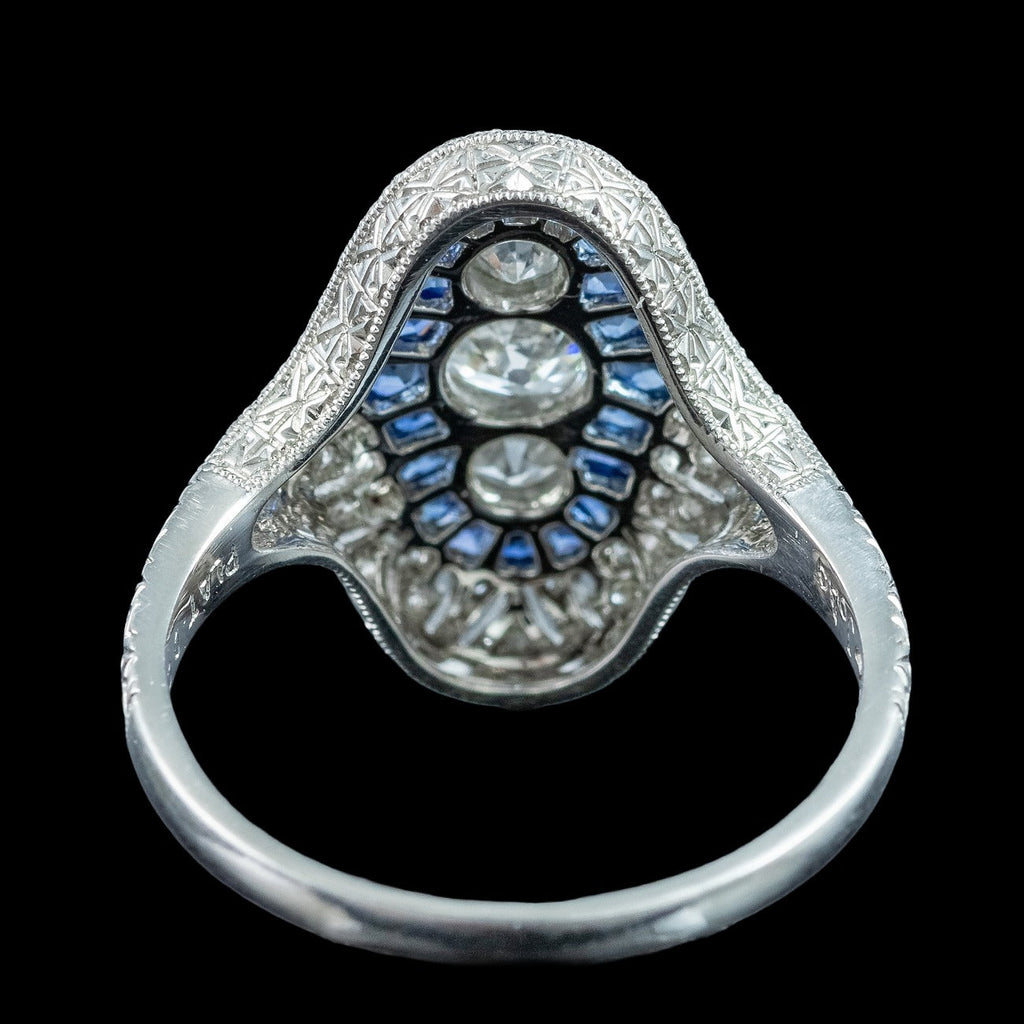 Art Deco Style Sapphire Diamond Cluster Ring 0.65ct Diamond  