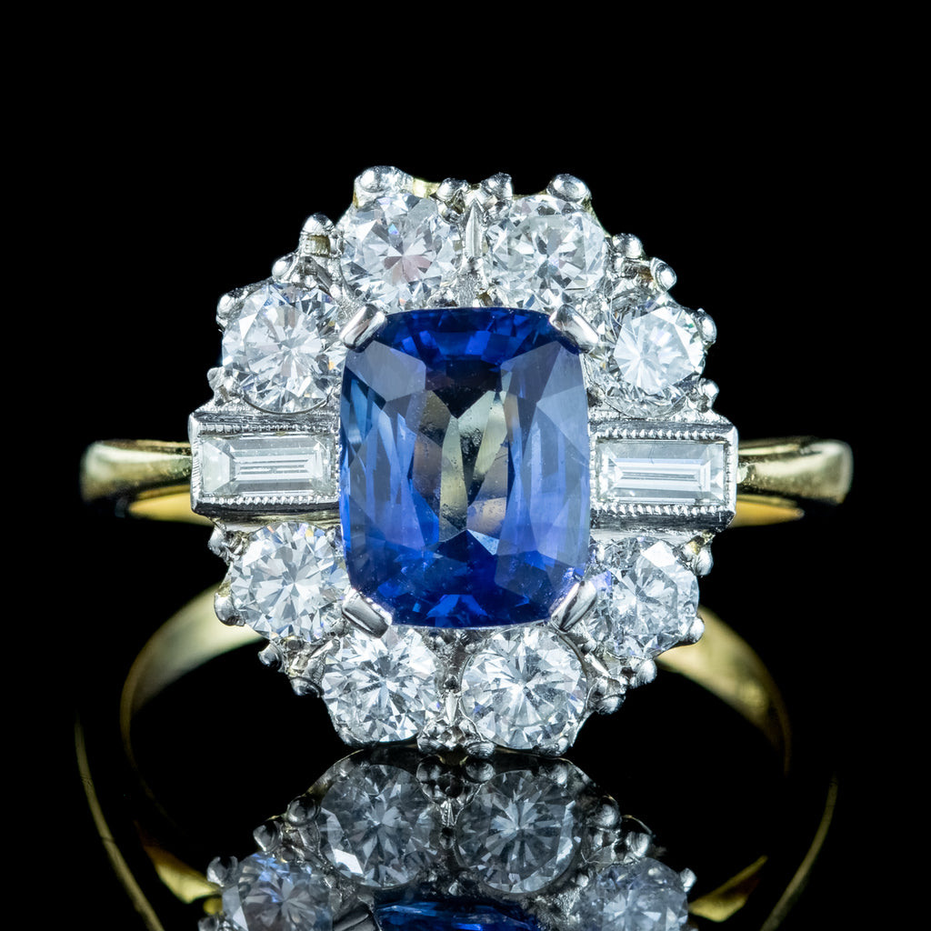 Art Deco Style Sapphire Diamond Cluster Ring 2ct Blue Sapphire