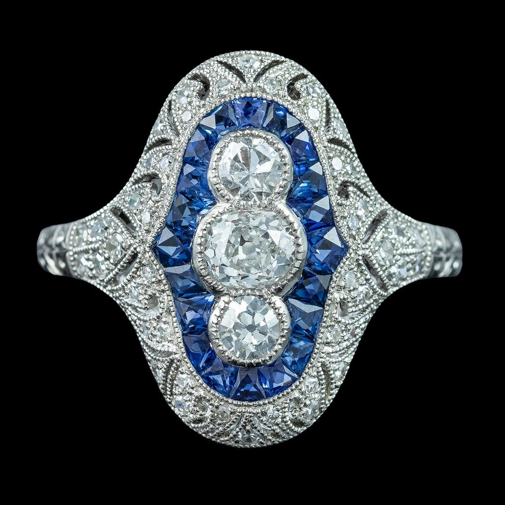 Art Deco Style Sapphire Diamond Cluster Ring 0.65ct Diamond  