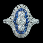 Art Deco Style Sapphire Diamond Cluster Ring 0.65ct Diamond  