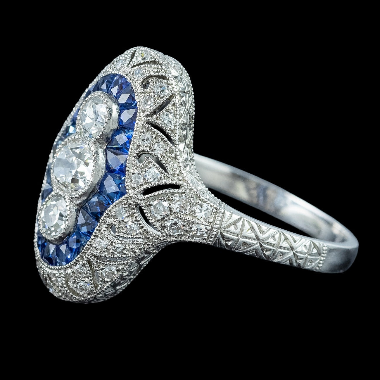 Art Deco Style Sapphire Diamond Cluster Ring 0.65ct Diamond  