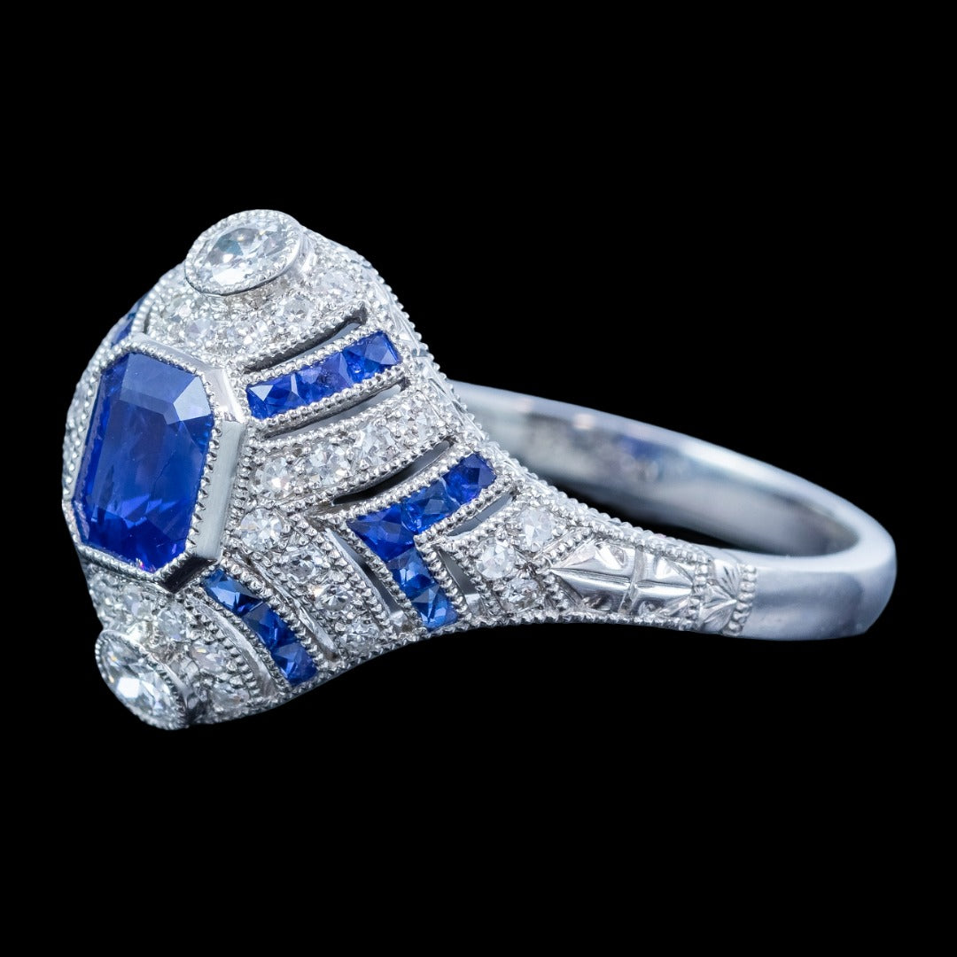 Art Deco Style Sapphire Diamond Cluster Ring 1.03ct Blue Sapphire 