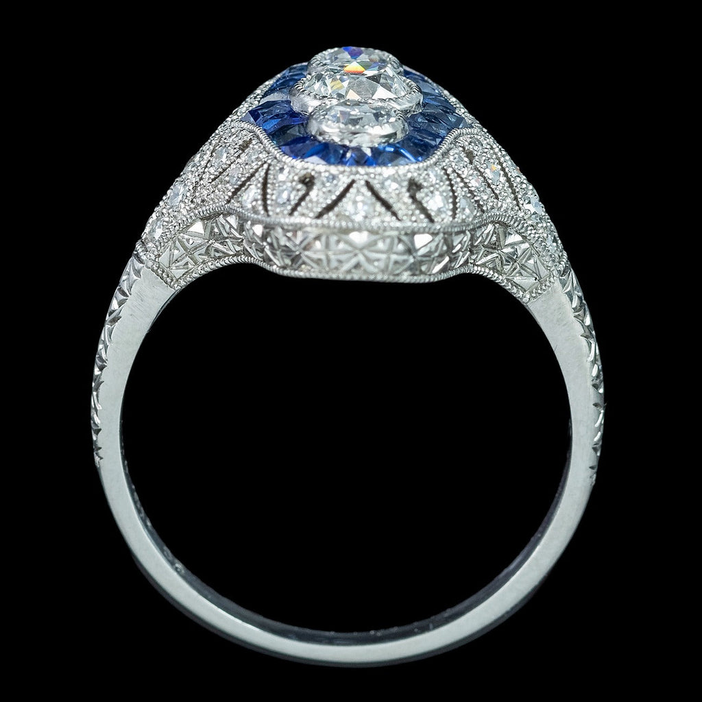 Art Deco Style Sapphire Diamond Cluster Ring 0.65ct Diamond  