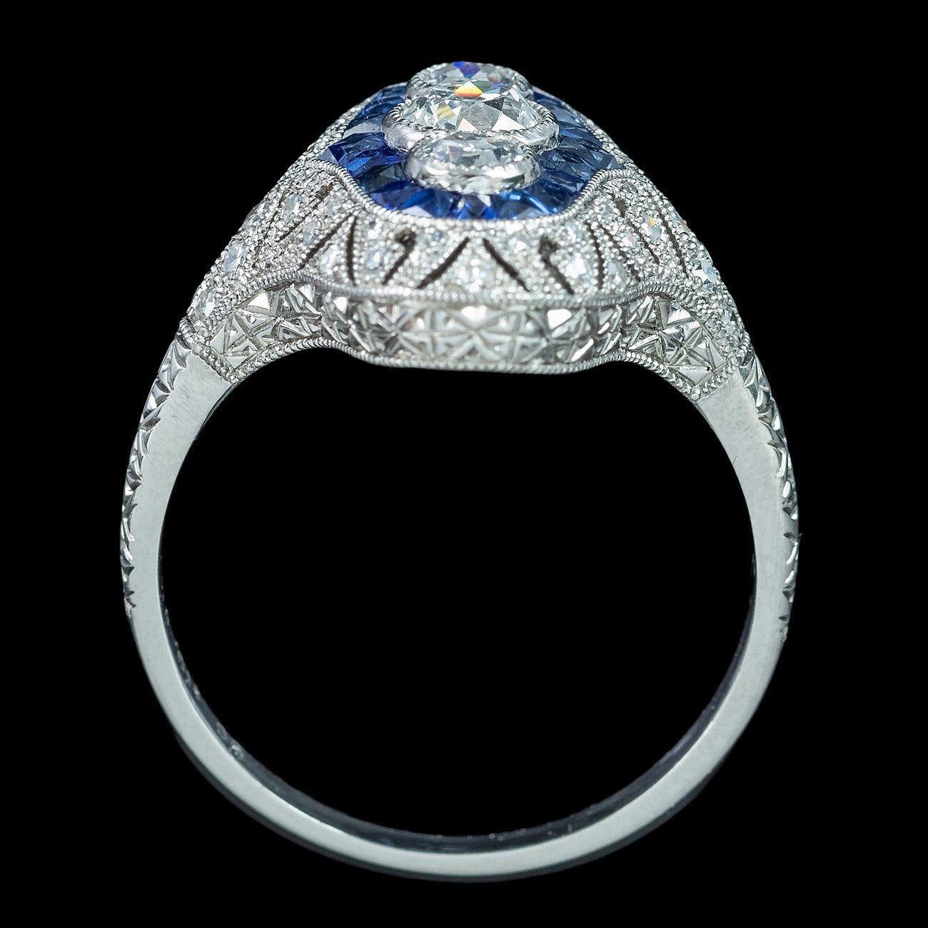 Art Deco Style Sapphire Diamond Cluster Ring 0.65ct Diamond  