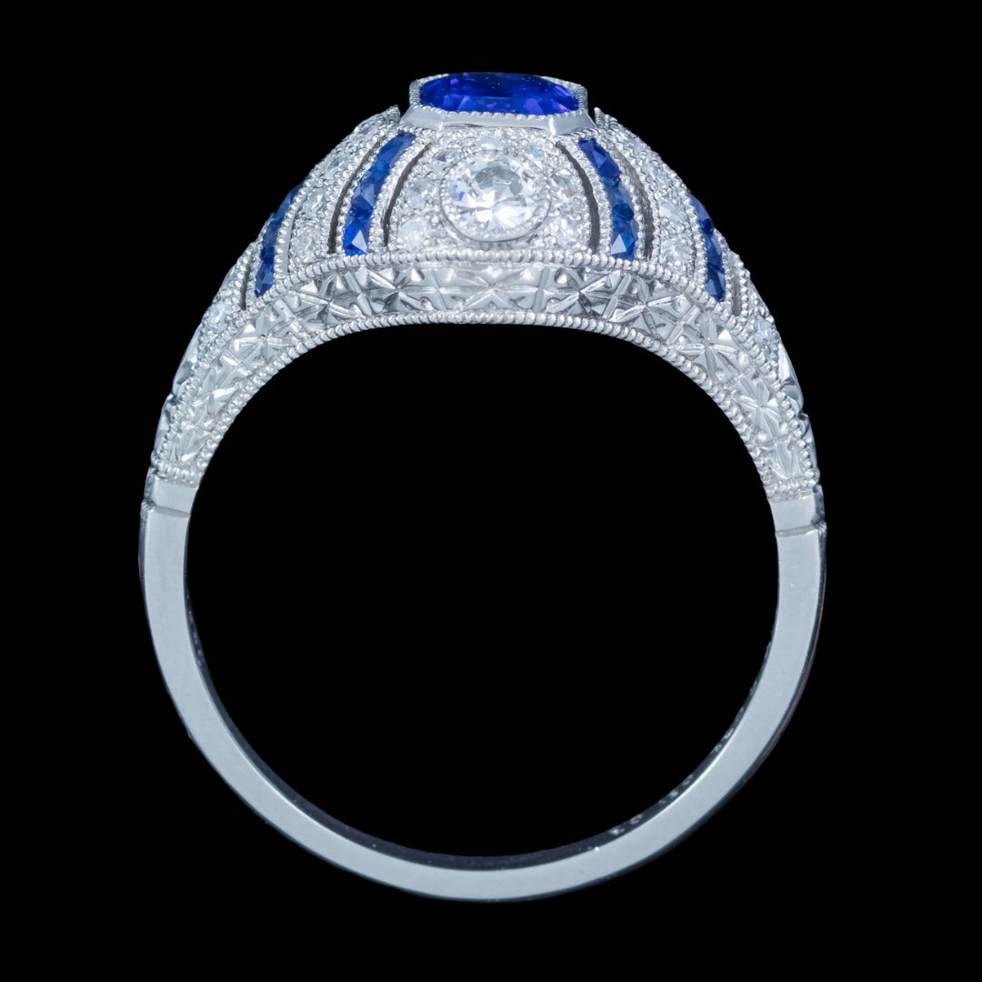 Art Deco Style Sapphire Diamond Cluster Ring 1.03ct Blue Sapphire 