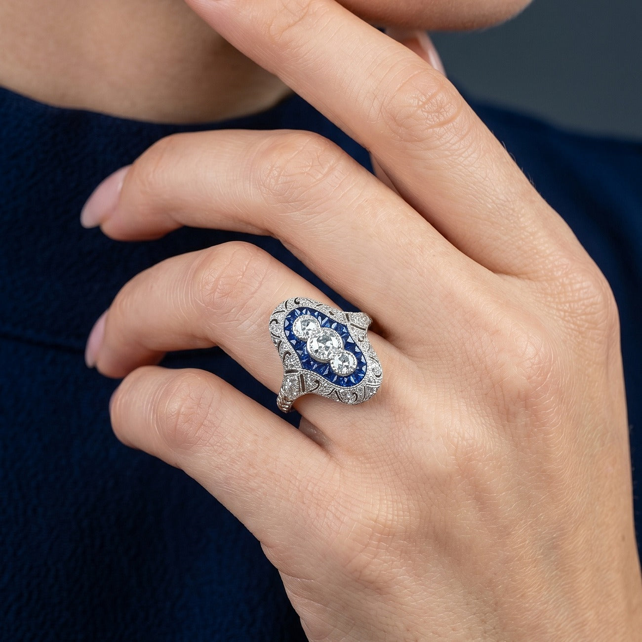 Art Deco Style Sapphire Diamond Cluster Ring 0.65ct Diamond  
