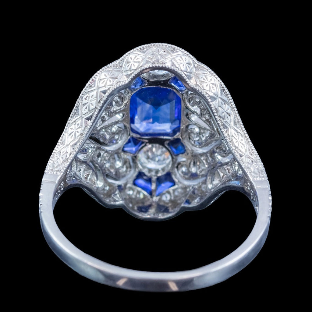 Art Deco Style Sapphire Diamond Cocktail Ring 0.98ct Blue Sapphire 
