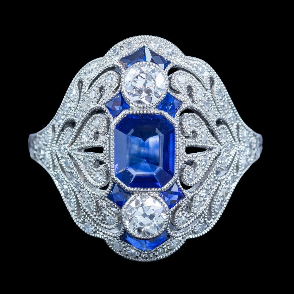 Art Deco Style Sapphire Diamond Cocktail Ring 0.98ct Blue Sapphire 