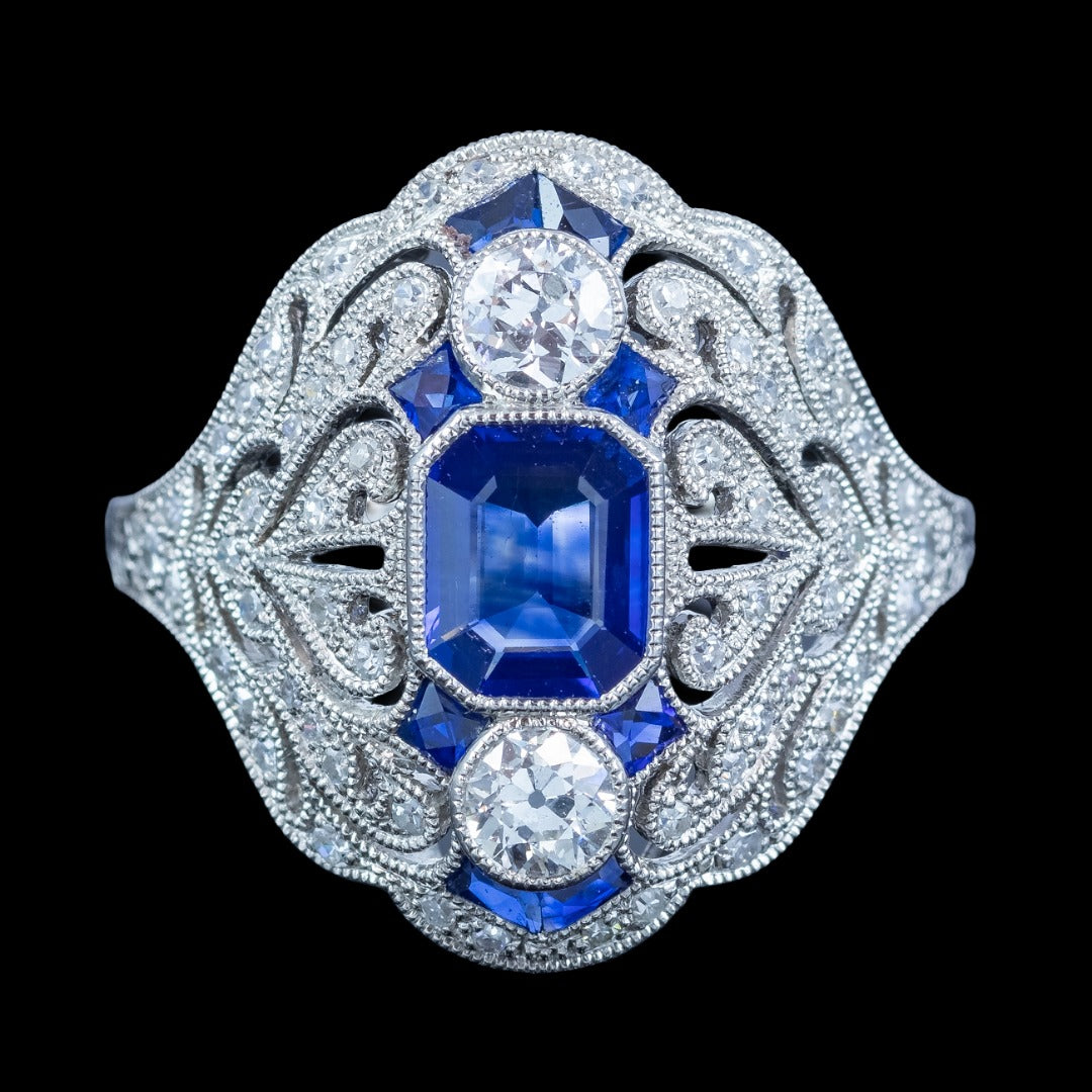 Art Deco Style Sapphire Diamond Cocktail Ring 0.98ct Blue Sapphire 