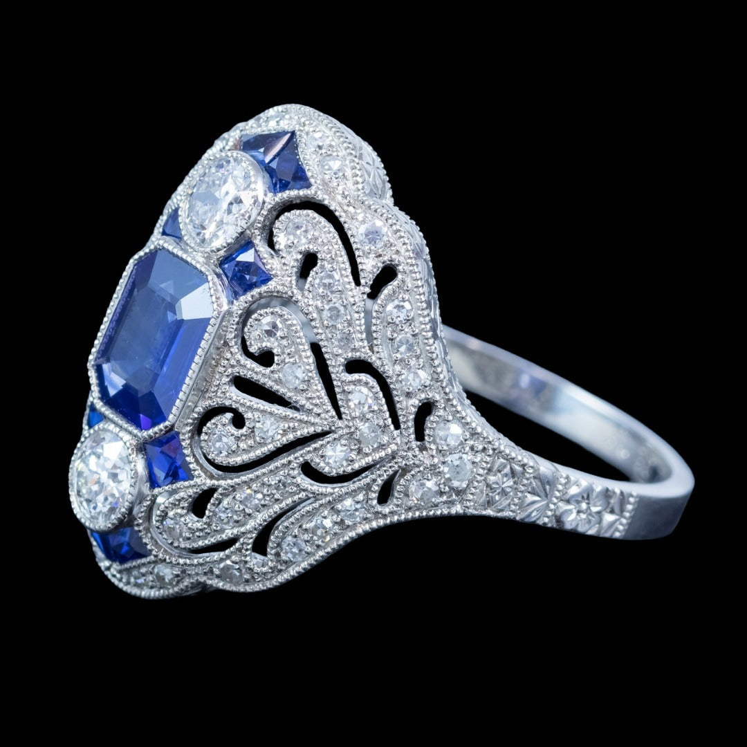 Art Deco Style Sapphire Diamond Cocktail Ring 0.98ct Blue Sapphire 