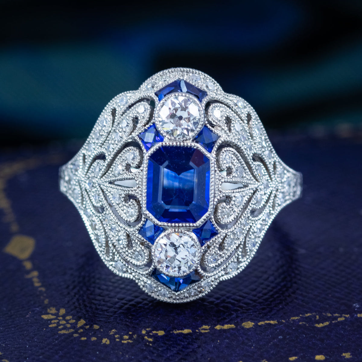 Art Deco Style Sapphire Diamond Cocktail Ring 0.98ct Blue Sapphire 