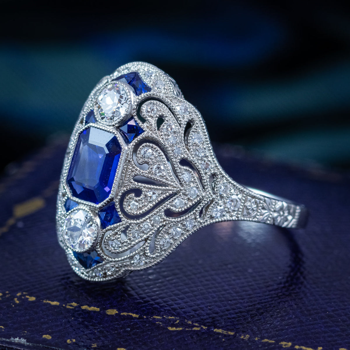 Art Deco Style Sapphire Diamond Cocktail Ring 0.98ct Blue Sapphire 