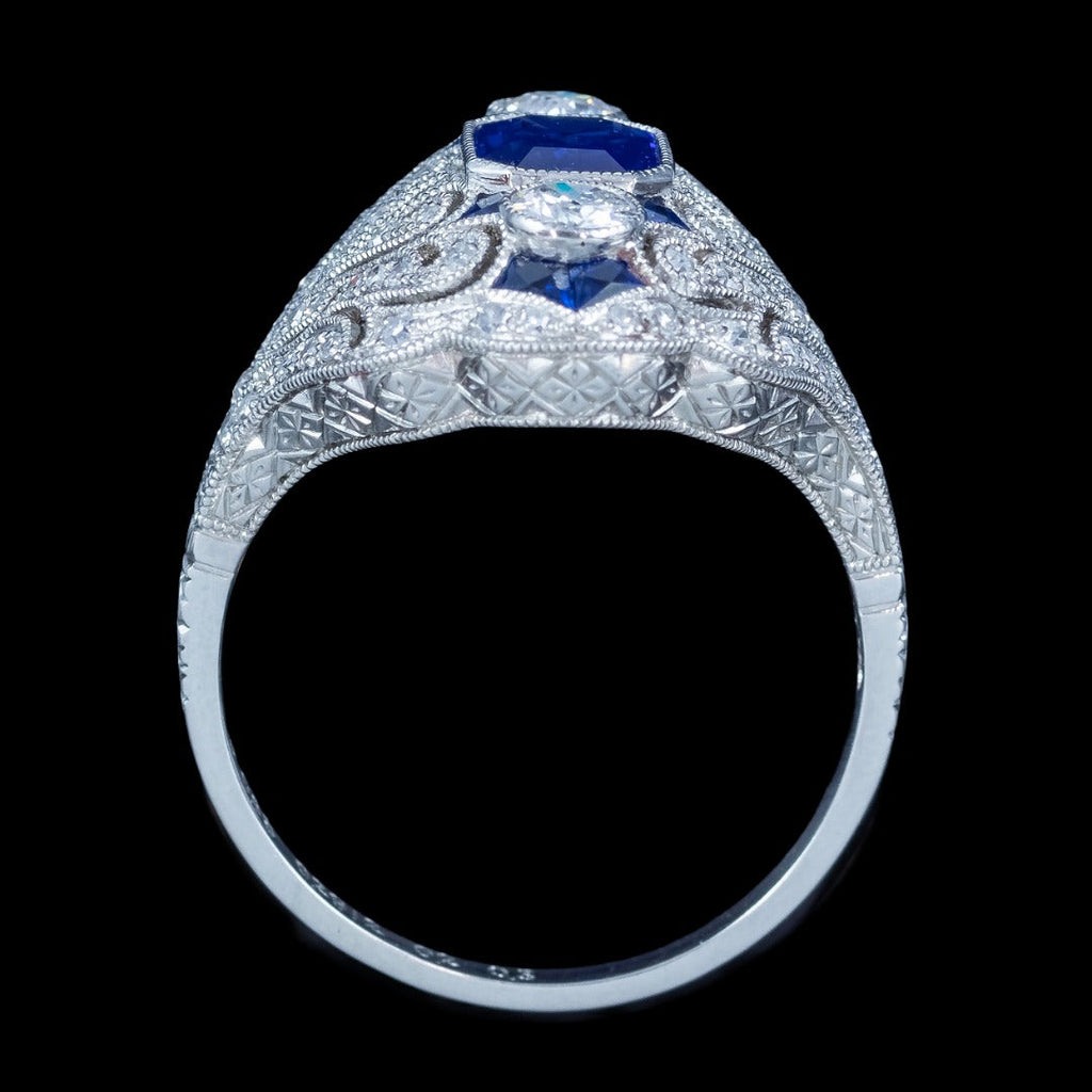 Art Deco Style Sapphire Diamond Cocktail Ring 0.98ct Blue Sapphire 