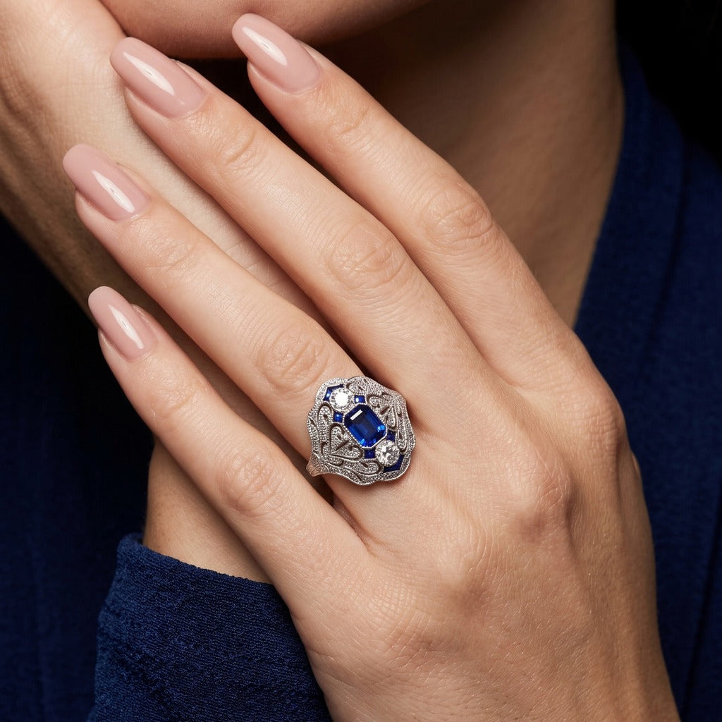 Art Deco Style Sapphire Diamond Cocktail Ring 0.98ct Blue Sapphire 