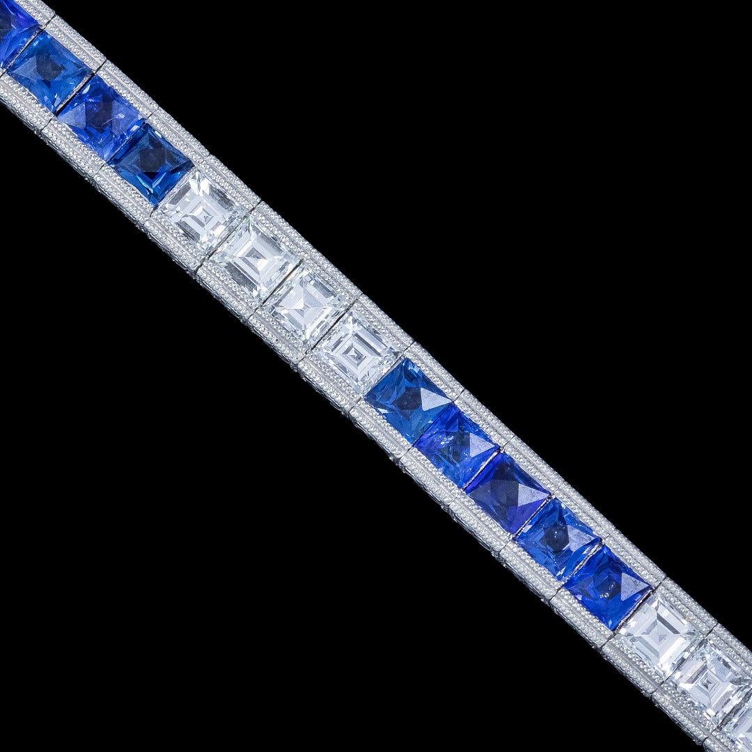Art Deco Style Sapphire Diamond Line Bracelet Platinum 4.5ct Blue Sapphire 
