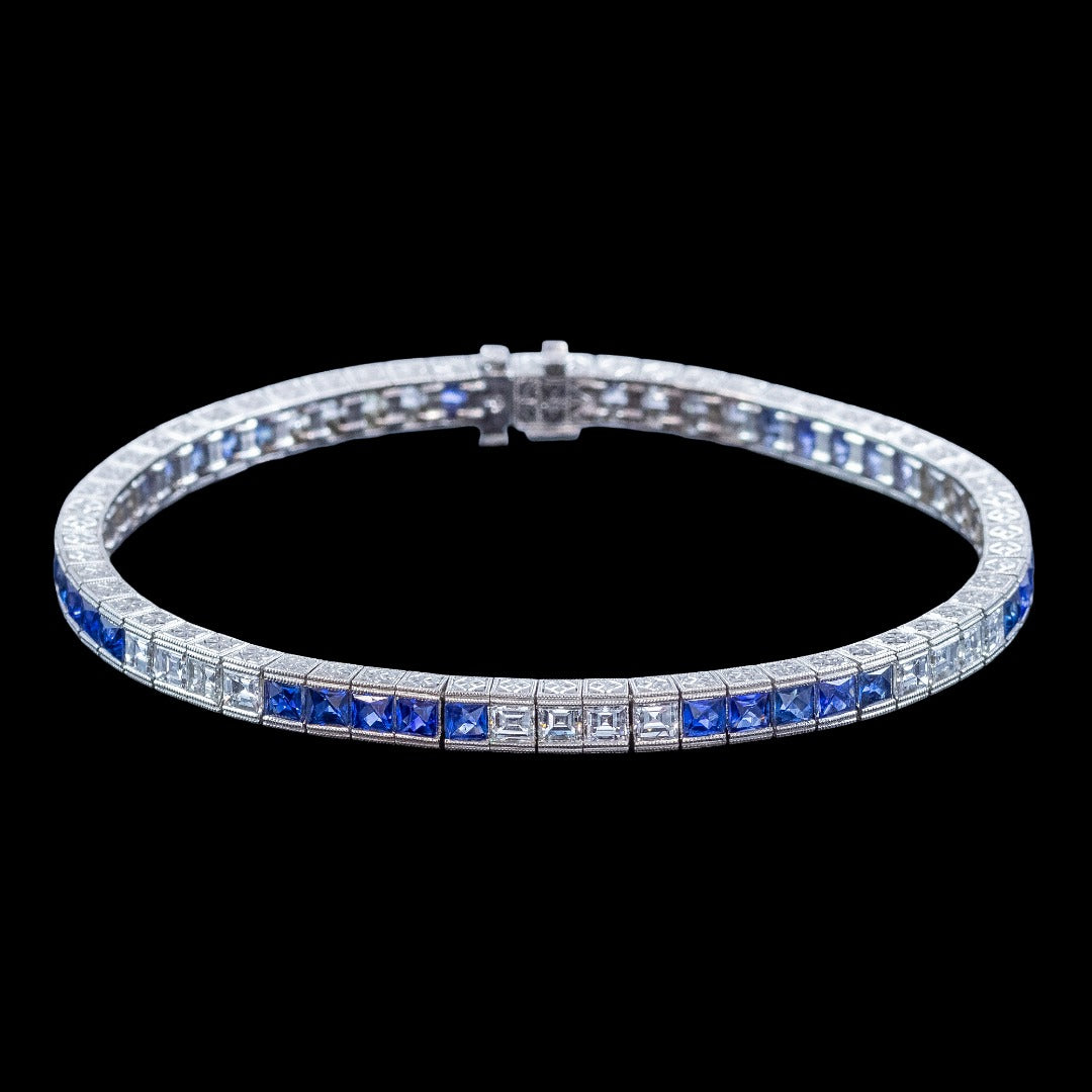 Art Deco Style Sapphire Diamond Line Bracelet Platinum 4.5ct Blue Sapphire 