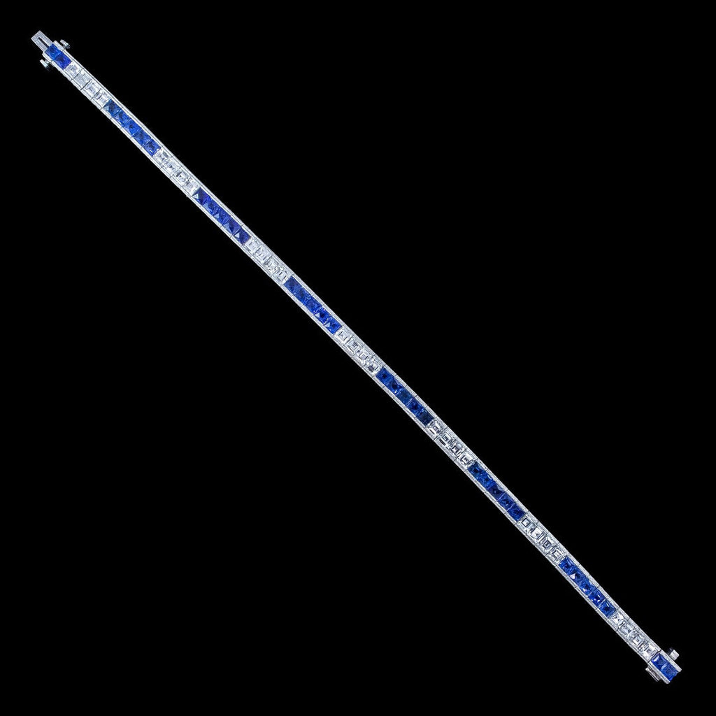Art Deco Style Sapphire Diamond Line Bracelet Platinum 4.5ct Blue Sapphire 